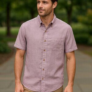 Tailor Vintage 100% Linen Button Down Shirt Men’s L‎ Pale Lavender Short Sleeve
